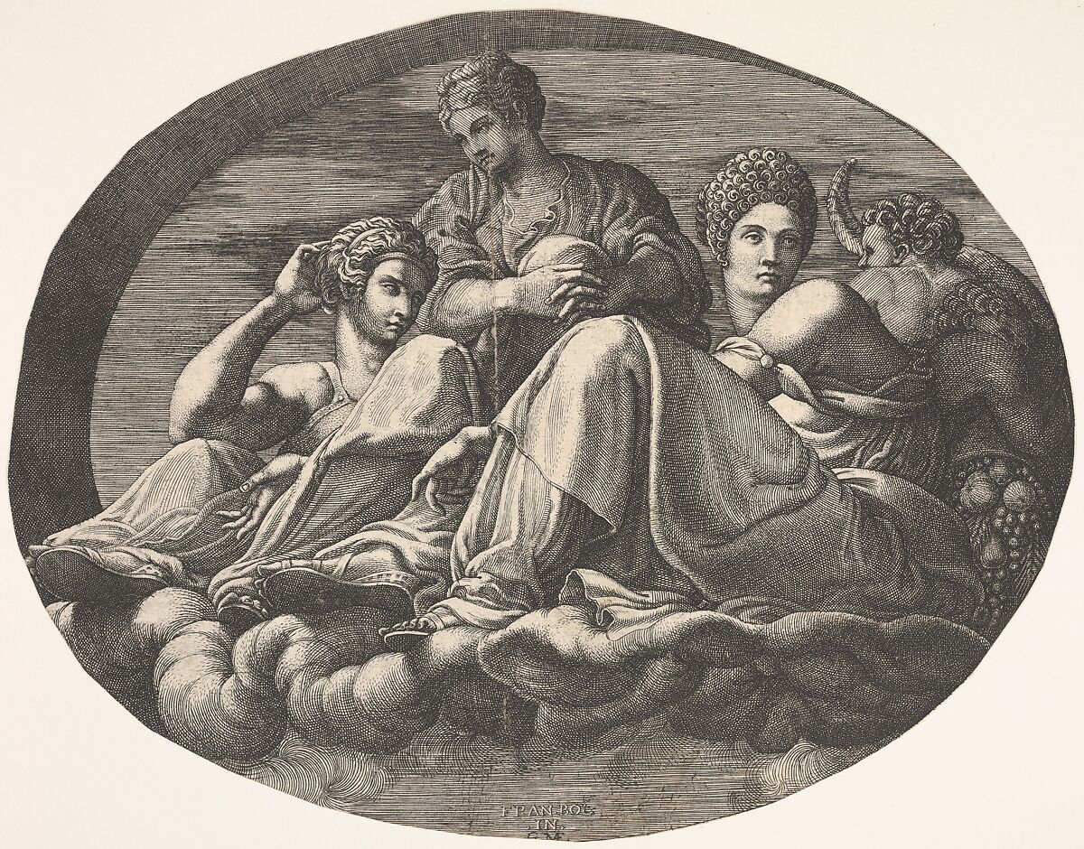 Juno and two goddesses reclining on clouds with two child figures and fruits at right, an oval composition, from a series of eight compositions after Francesco Primaticcio's designs for the ceiling of the Ulysses Gallery (destroyed 1738-39) at Fontainebleau, Giorgio Ghisi (Italian, Mantua ca. 1520–1582 Mantua), Engraving 