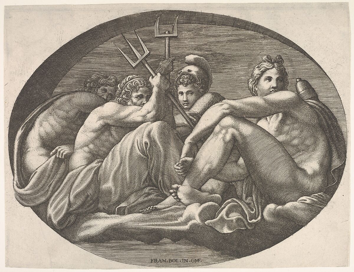 Apollo, Neptune, Pluto, and Athena seated on a cloud under an arch, an oval composition, from a series of eight compositions after Francesco Primaticcio's designs for the ceiling of the Ulysses Gallery (destroyed 1738-39) at Fontainebleau, Giorgio Ghisi (Italian, Mantua ca. 1520–1582 Mantua), Engraving 