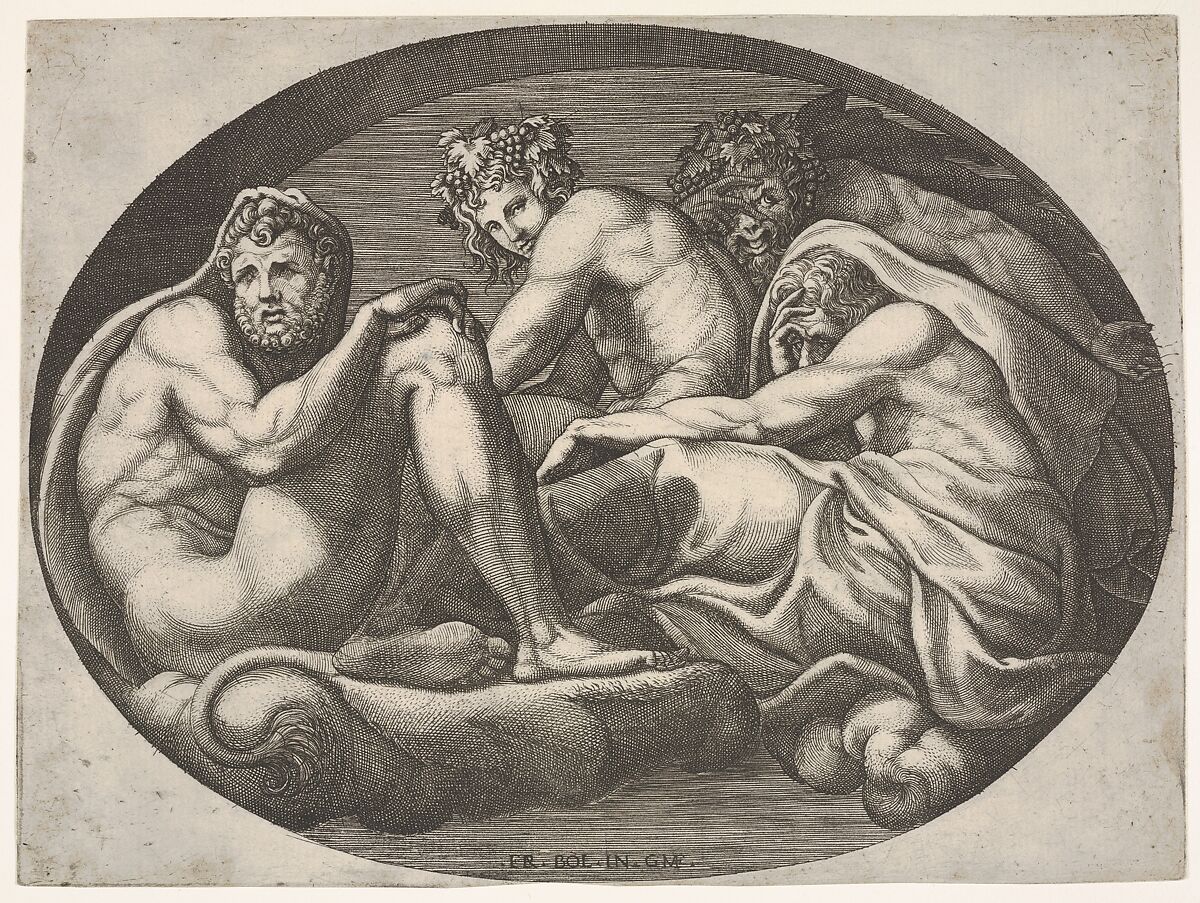 Hercules, Bacchus, Pan, and another god seated on a cloud under an arch, an oval composition, from a series of eight compositions after Francesco Primaticcio's designs for the ceiling of the Ulysses Gallery (destroyed 1738-39) at Fontainebleau, Giorgio Ghisi (Italian, Mantua ca. 1520–1582 Mantua), Engraving 