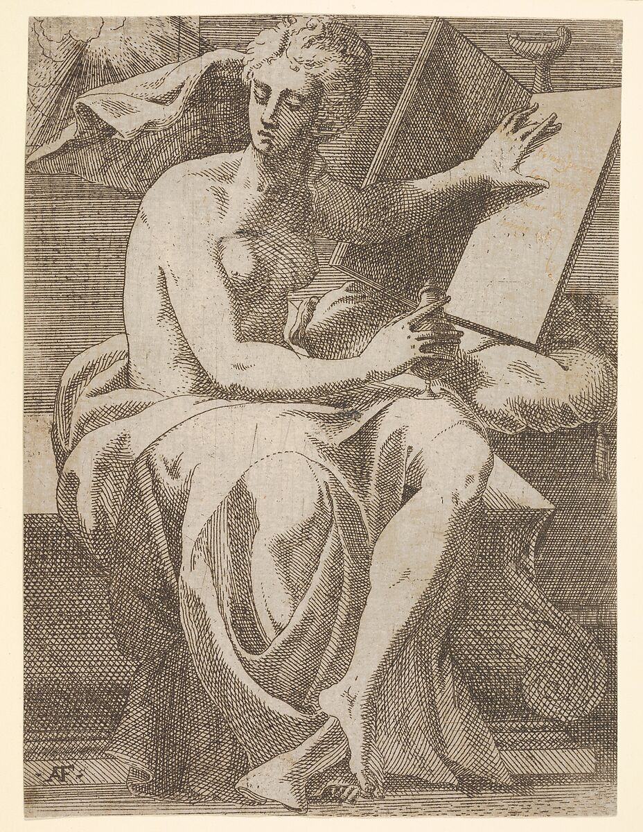 Sibyl seated before an open book upon which she rests her left hand, she twists her face away from the book and holds a vessel in her right hand, Antonio Fantuzzi (Italian, active France, 1537–45), Etching 