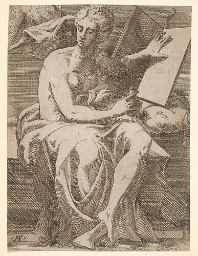 Sibyl seated before an open book upon which she rests her left hand, she twists her face away from the book and holds a vessel in her right hand