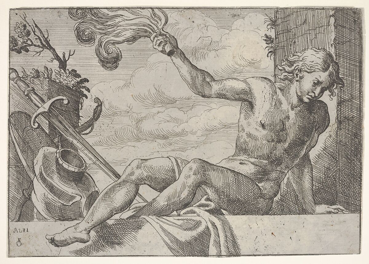Mars, seated on a wall and holding a flame in his right hand, with armor below, Odoardo Fialetti (Italian, Bologna 1573–1637/38 Venice), Etching 