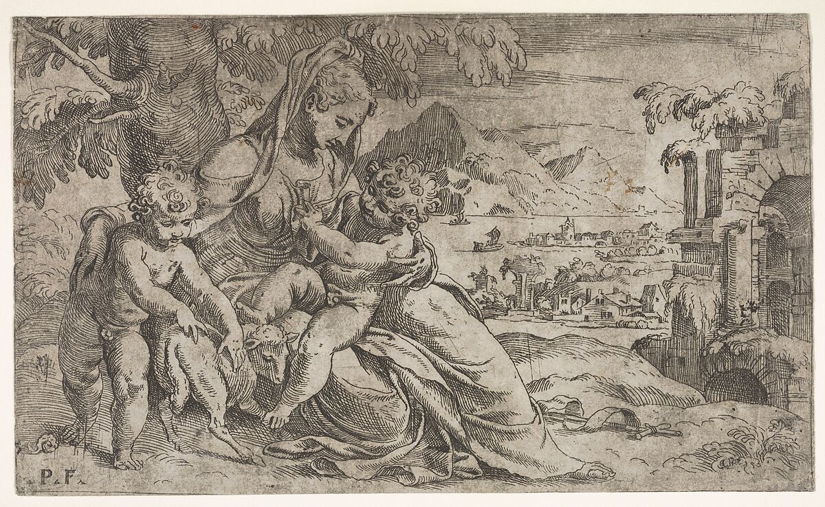 Seated Virgin and Child with Saint John the Baptist and a lamb on a hillside, Orazio Farinati (Italian, Verona, ca. 1559–1616), Etching 