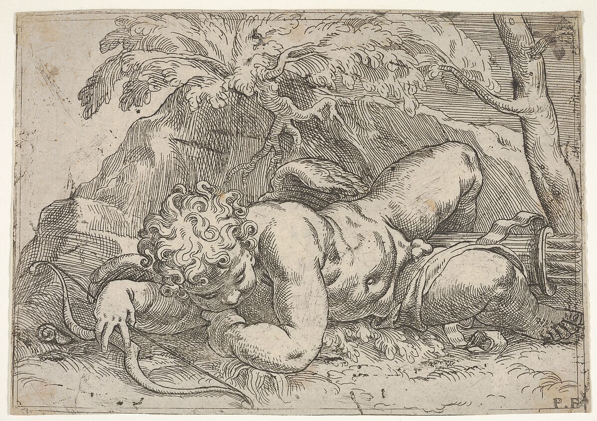 Sleeping Cupid, Paolo Farinati (Italian, Verona 1524–1606 Verona), Etching 