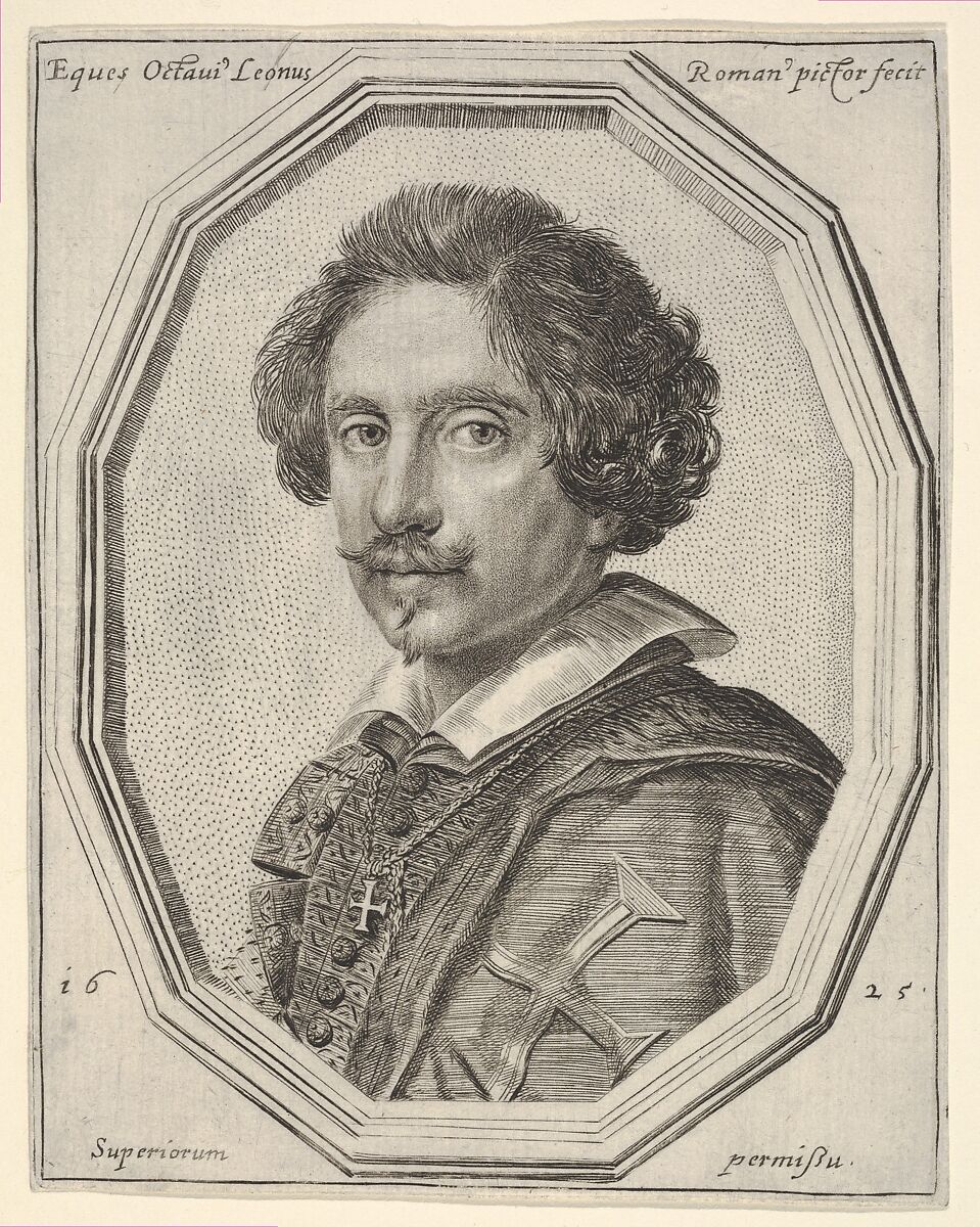 Knight of Malta (self-portrait?), a bust-length portrait in a twelve-sided frame, Ottavio Leoni (Il Padovano) (Italian, Rome 1578–1630 Rome), Etching and engraving 