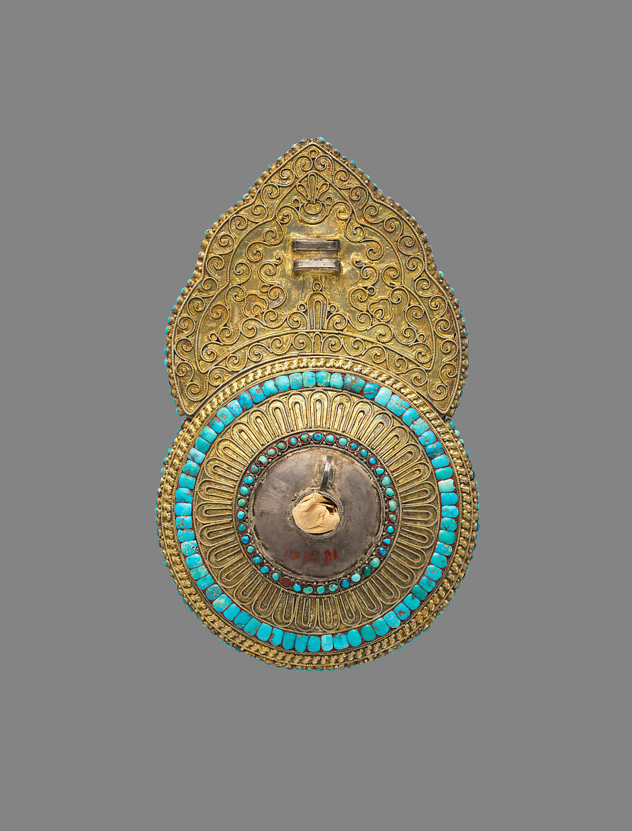 Crown Ornament for a Deity, Gilt silver, emeralds, sapphires, rubies, garnets, pearls, lapis lazuli, coral, shell, mother of pearl, amber, and turquoise , Newari for Tibetan Market
