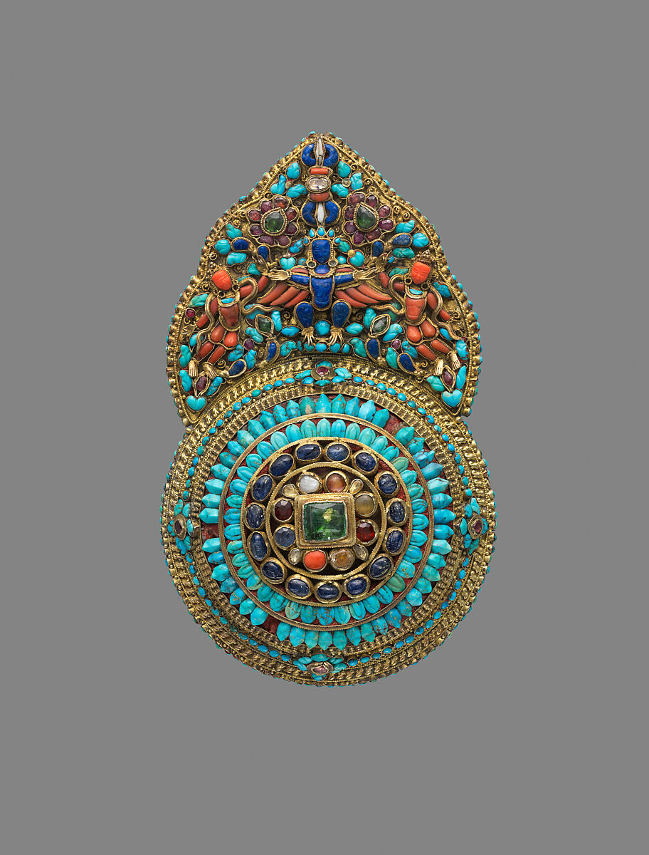 Crown Ornament for a Deity, Gilt silver, emeralds, sapphires, rubies, garnets, pearls, lapis lazuli, coral, shell, and turquoise , Newari for Tibetan Market 