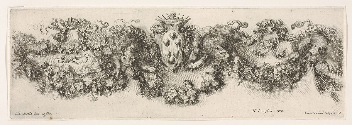 Design for a Frieze with Felines holding up a Garland and the Medici Coat of Arms in the Center, plate 2 from "Decorative friezes and foliage" (Ornamenti di fregi e fogliami), Stefano della Bella (Italian, Florence 1610–1664 Florence), Etching 