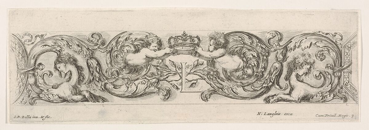Design for a Frieze with Two Putti holding a crown over the letter 'L' (for Louis XIV?), plate 3 from "Decorative friezes and foliage" (Ornamenti di fregi e fogliami), Stefano della Bella (Italian, Florence 1610–1664 Florence), Etching 