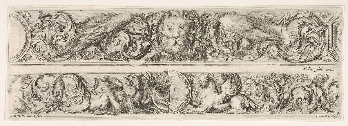Two Designs for Friezes with Acanthus Scrolls, Each with a Variant, plate 4 from "Decorative friezes and foliage" (Ornamenti di fregi e fogliami), Stefano della Bella (Italian, Florence 1610–1664 Florence), Etching 