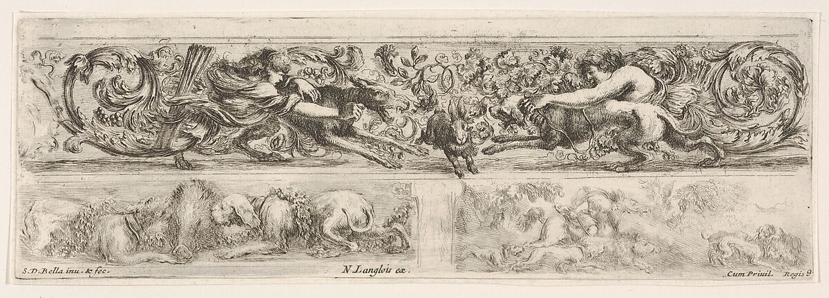 Designs for Three Friezes with Hunting Themes, plate 9 from "Decorative friezes and foliage" (Ornamenti di fregi e fogliami), Stefano della Bella (Italian, Florence 1610–1664 Florence), Etching 