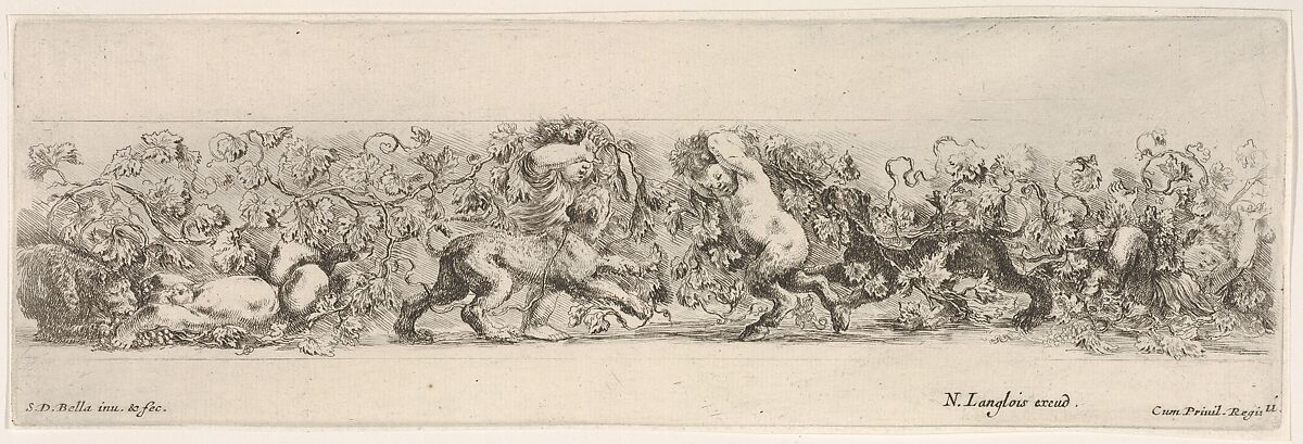 Design for a Frieze with Putti carrying a Vine and Three Felines, plate 11 from "Decorative friezes and foliage" (Ornamenti di fregi e fogliami), Stefano della Bella (Italian, Florence 1610–1664 Florence), Etching 