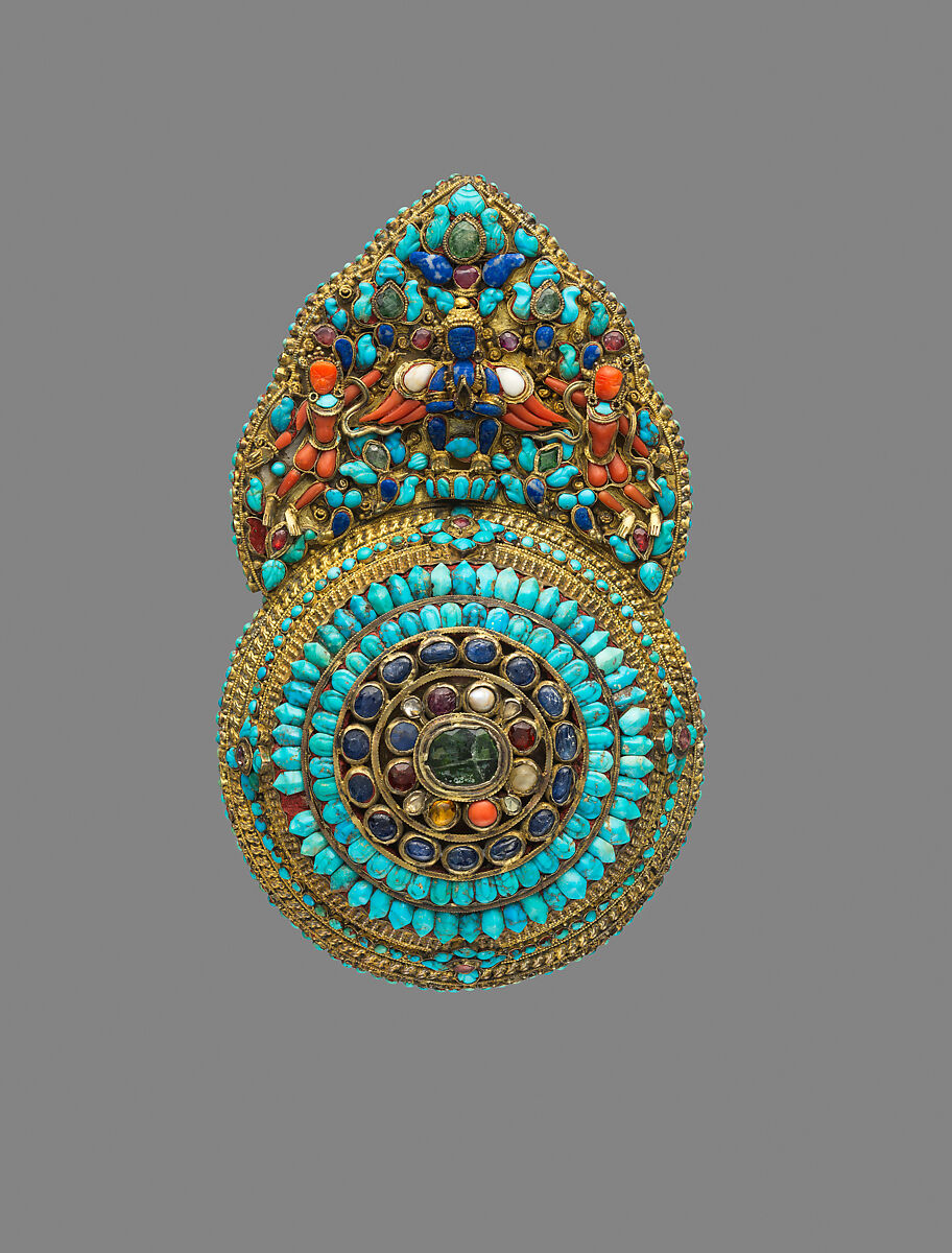 Crown Ornament for a Deity, Gilt silver, emeralds, sapphires, rubies, garnets, pearls, lapis lazuli, coral, shell, and turquoise, Newari for Tibetan Market 
