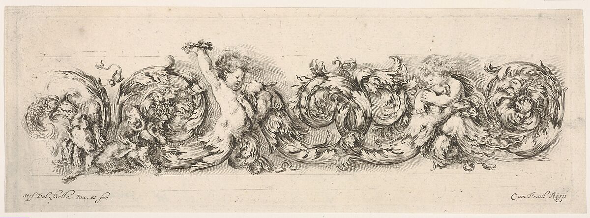 Design for a Frieze with Acanthus Scrolls and Playing Putti and Dogs, plate 12 from "Decorative friezes and foliage" (Ornamenti di fregi e fogliami), Stefano della Bella (Italian, Florence 1610–1664 Florence), Etching 