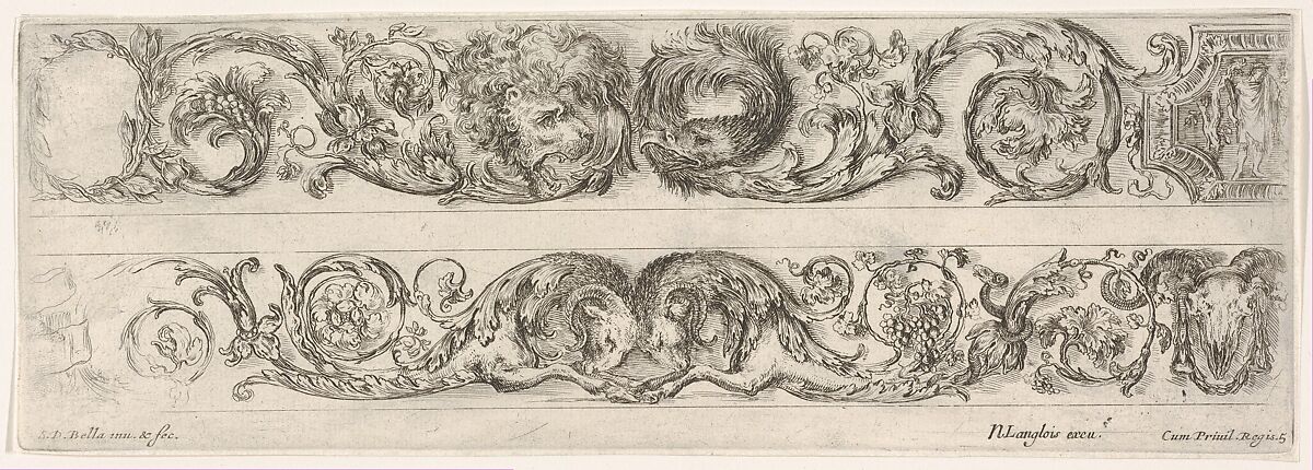Two Frieze Designs with Acanthus Scrolls combined with a Lion and Eagle on top and Two Rams below, plate 5 from "Decorative friezes and foliage" (Ornamenti di fregi e fogliami), Stefano della Bella (Italian, Florence 1610–1664 Florence), Etching 
