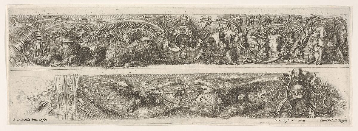 Two Designs for Friezes or Consoles characterized by Armorial Trophies, plate 6 from "Decorative friezes and foliage" (Ornamenti di fregi e fogliami), Stefano della Bella (Italian, Florence 1610–1664 Florence), Etching 