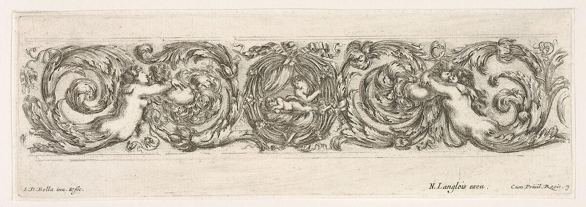 Design for a Frieze with Acanthus Scrolls with the Theme of Love, plate 7 from "Decorative friezes and foliage" (Ornamenti di fregi e fogliami), Stefano della Bella (Italian, Florence 1610–1664 Florence), Etching 