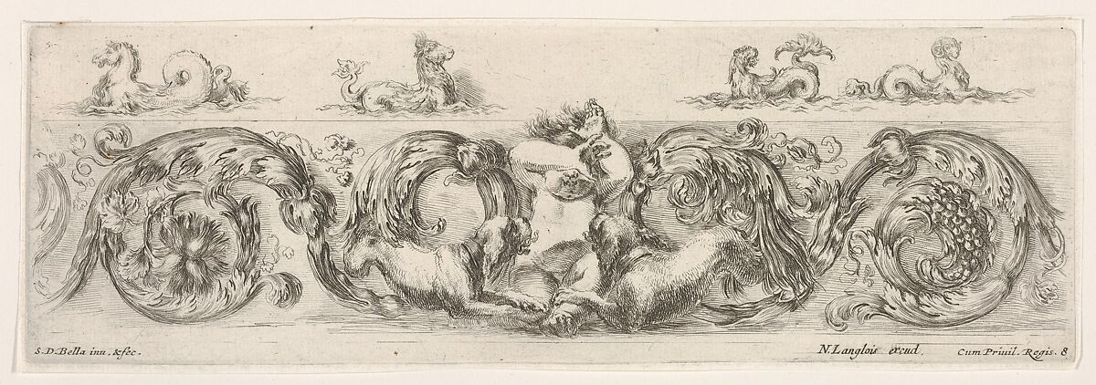 Design for a Frieze with Acanthus Scrolls and a Child flanked by Dogs in the Center, plate 8 from "Decorative friezes and foliage" (Ornamenti di fregi e fogliami), Stefano della Bella (Italian, Florence 1610–1664 Florence), Etching 