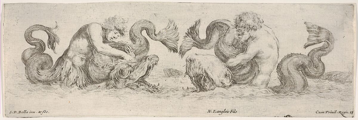 Two Tritons wrestling with other Sea Creatures, plate 13 from "Decorative friezes and foliage" (Ornamenti di fregi e fogliami), Stefano della Bella (Italian, Florence 1610–1664 Florence), Etching 