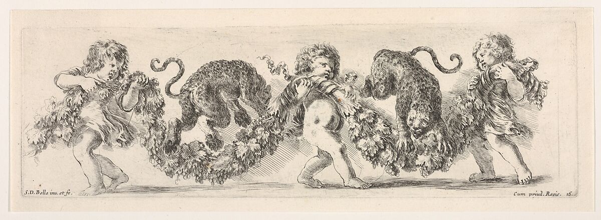 Design for a Frieze with Three Putti holding a Garland and Two Leopards jumping over it, plate 16 from "Decorative friezes and foliage" (Ornamenti di fregi e fogliami), Stefano della Bella (Italian, Florence 1610–1664 Florence), Etching 