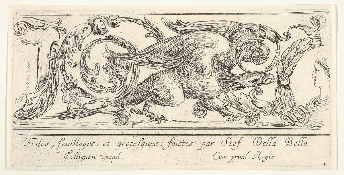 An eagle walking towards the right, a bust of a woman to right turned in profile towards the left, plate 1 from "Friezes, foliage, and grotesques" (Frises, feuillages et grotesques), After Stefano della Bella (Italian, Florence 1610–1664 Florence), Etching 