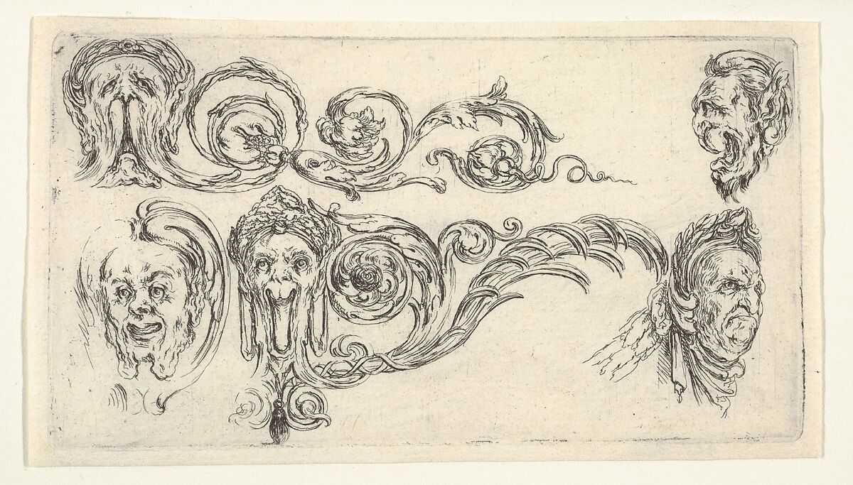 Five grotesque heads, plate 4 from "Friezes, foliage, and grotesques" (Frises, feuillages et grotesques), After Stefano della Bella (Italian, Florence 1610–1664 Florence), Etching 