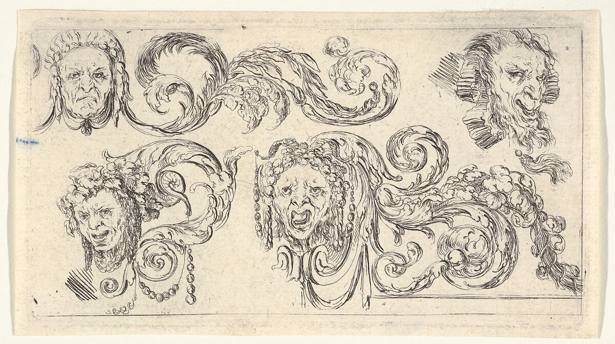 Four grotesque heads with scrollwork, plate 8 from "Friezes, foliage, and grotesques" (Frises, feuillages et grotesques), After Stefano della Bella (Italian, Florence 1610–1664 Florence), Etching 