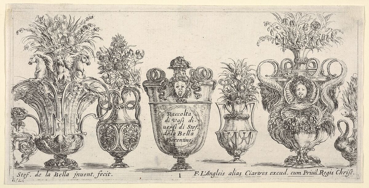 Seven vases, the vase in the middle decorated with the face of Medusa, Plate 1 from "Collection of Various Vases" (Raccolta di Vasi Diversi), Stefano della Bella (Italian, Florence 1610–1664 Florence), Etching 