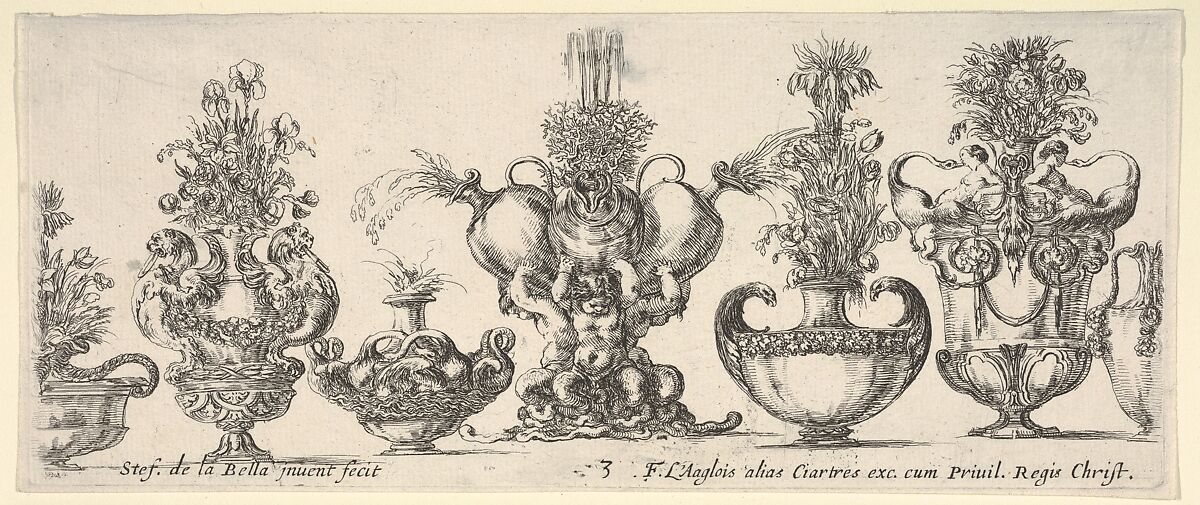 Seven vases, the vase in the middle formed by three infants, each holding an ewer, plate 3 from "Collection of Various Vases" (Raccolta di Vasi Diversi), Stefano della Bella (Italian, Florence 1610–1664 Florence), Etching 