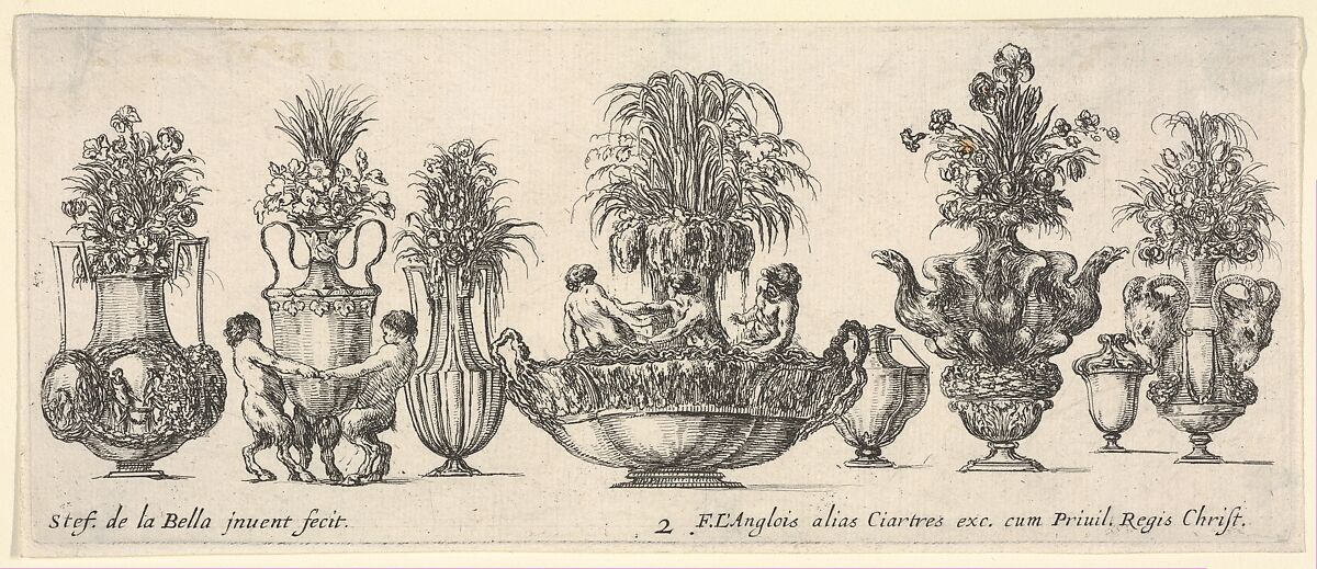 Eight vases, the largest one in the middle with three sculptures in the round of two nymphs and a triton, plate 2 from "Collection of Various Vases" (Raccolta di Vasi Diversi), Stefano della Bella (Italian, Florence 1610–1664 Florence), Etching 