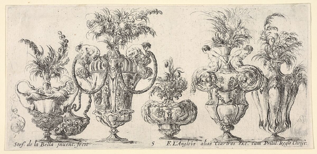 Six vases, and two sketches of vases on the extremities, plate 5 from "Collection of Various Vases" (Raccolta di Vasi Diversi), Stefano della Bella (Italian, Florence 1610–1664 Florence), Etching 