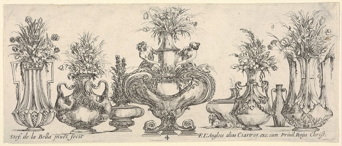 Eight vases, the largest one in center with sculptures of a nymph and a faun, plate 4 from "Collection of Various Vases" (Raccolta di Vasi Diversi), Stefano della Bella (Italian, Florence 1610–1664 Florence), Etching 