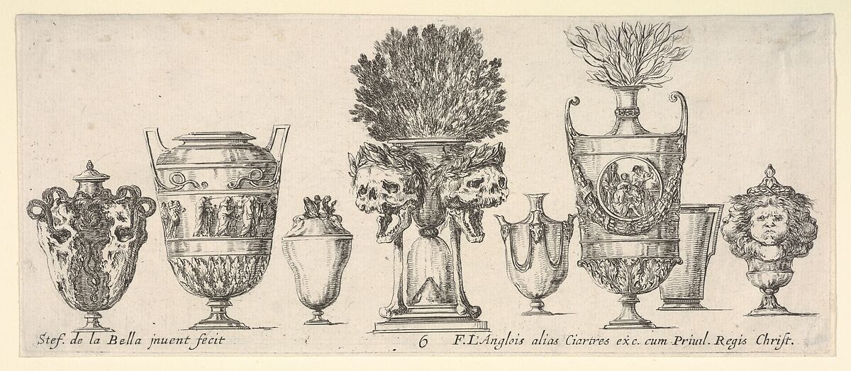 Eight vases, a clepsydra in center decorated with two skulls with laurel wreaths, plate 6 from "Collection of Various Vases" (Raccolta di Vasi Diversi), Stefano della Bella (Italian, Florence 1610–1664 Florence), Etching 