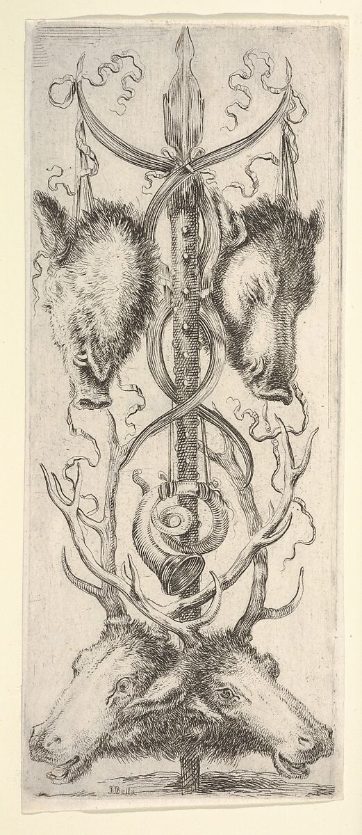 A hunting trophy, two wild boar heads above, two deer heads below, from "Ornaments or Grotesques" (Ornamenti o Grottesche), Stefano della Bella (Italian, Florence 1610–1664 Florence), Etching 