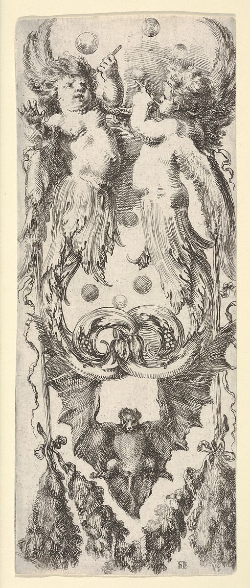 Two putti above, their legs ending in scrollwork, a bat below,  from 'Ornaments or Grotesques' (Ornamenti o Grottesche), Stefano della Bella (Italian, Florence 1610–1664 Florence), Etching 