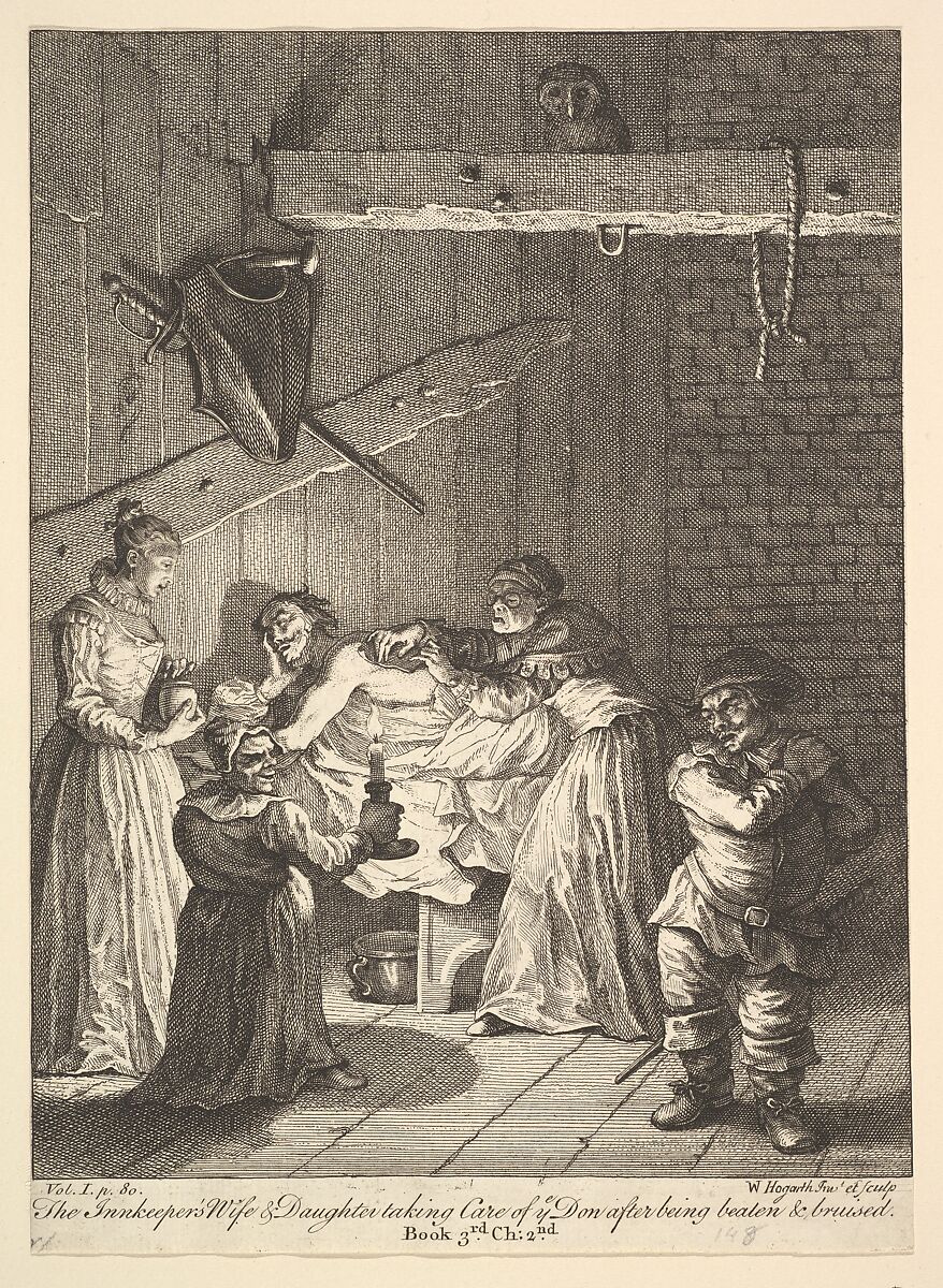The Innkeeper's Wife & Daughter taking Care of ye Don after being beaten & bruised (Six Illustrations for Don Quixote), William Hogarth (British, London 1697–1764 London), Etching and engraving; third state of three 