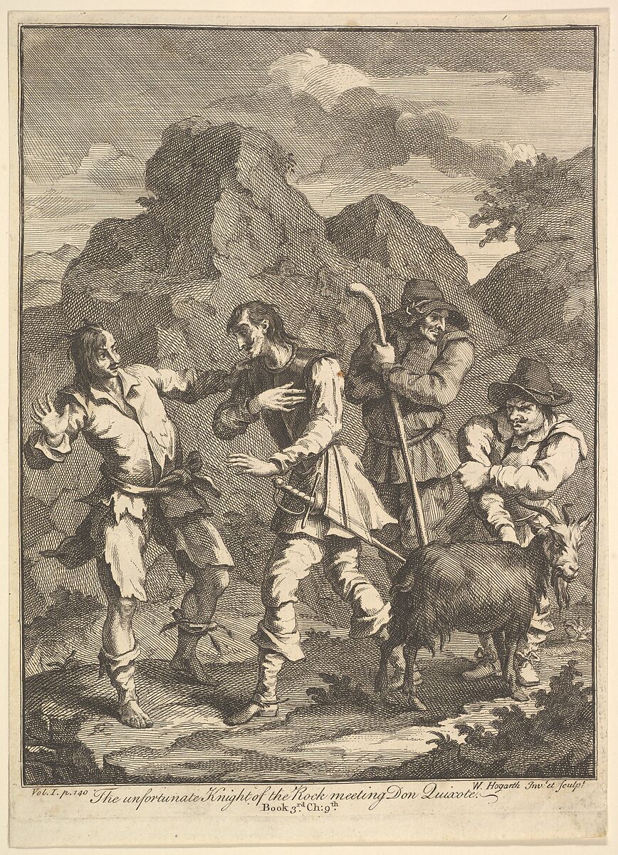 Don Quixote and the Knight of the Rock (Six Illustrations for Don Quixote), William Hogarth (British, London 1697–1764 London), Etching and engraving; third state of three 