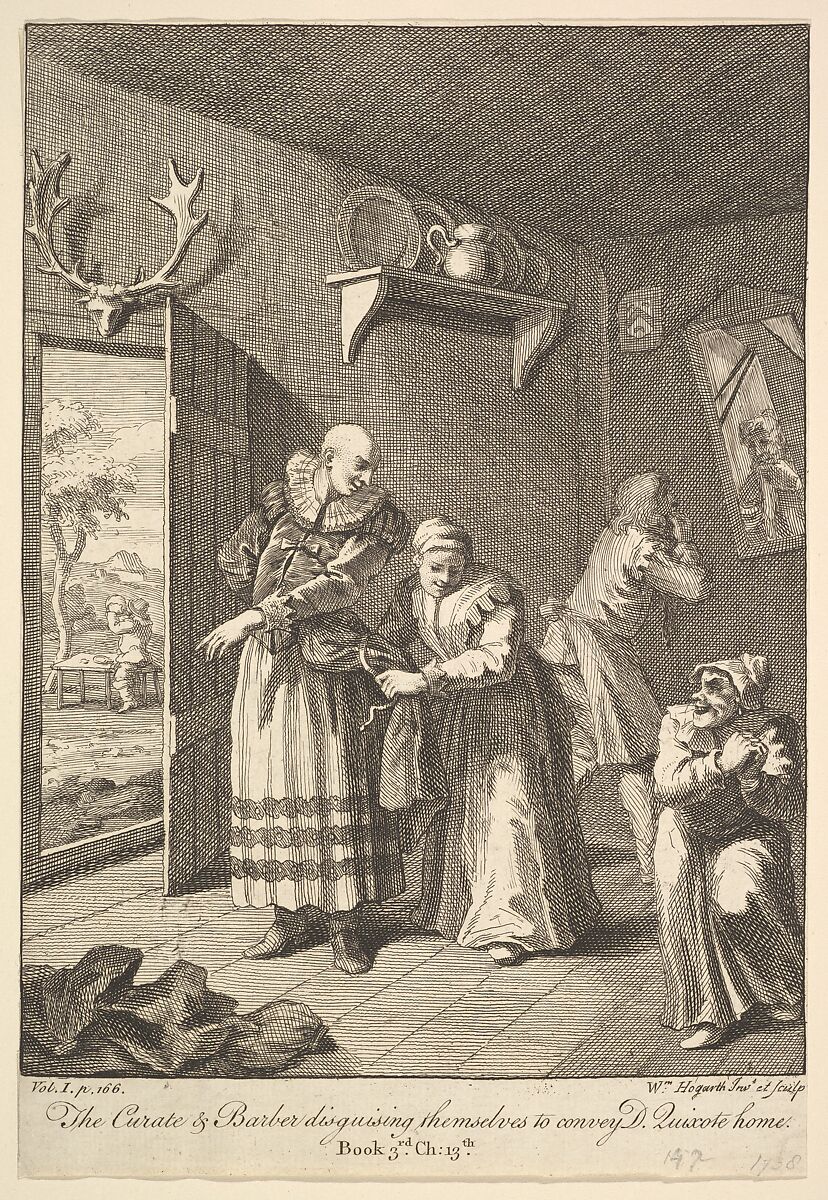 The Curate and Barber Disguising Themselves to Convey Don Quixote Home (Six Illustrations for Don Quixote), William Hogarth (British, London 1697–1764 London), Etching and engraving; third state of three 