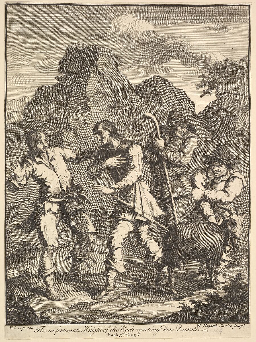 Don Quixote and the Knight of the Rock (Six Illustrations for Don Quixote), William Hogarth (British, London 1697–1764 London), Etching and engraving; third state of three 