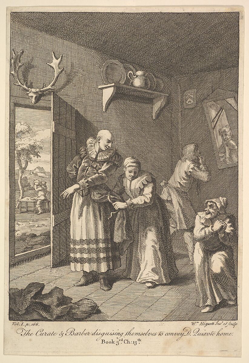The Curate and the Barber Disguising Themselves to convey Don Quixote Home (Six Illustrations for Don Quixote), William Hogarth (British, London 1697–1764 London), Etching and engraving; third state of three 