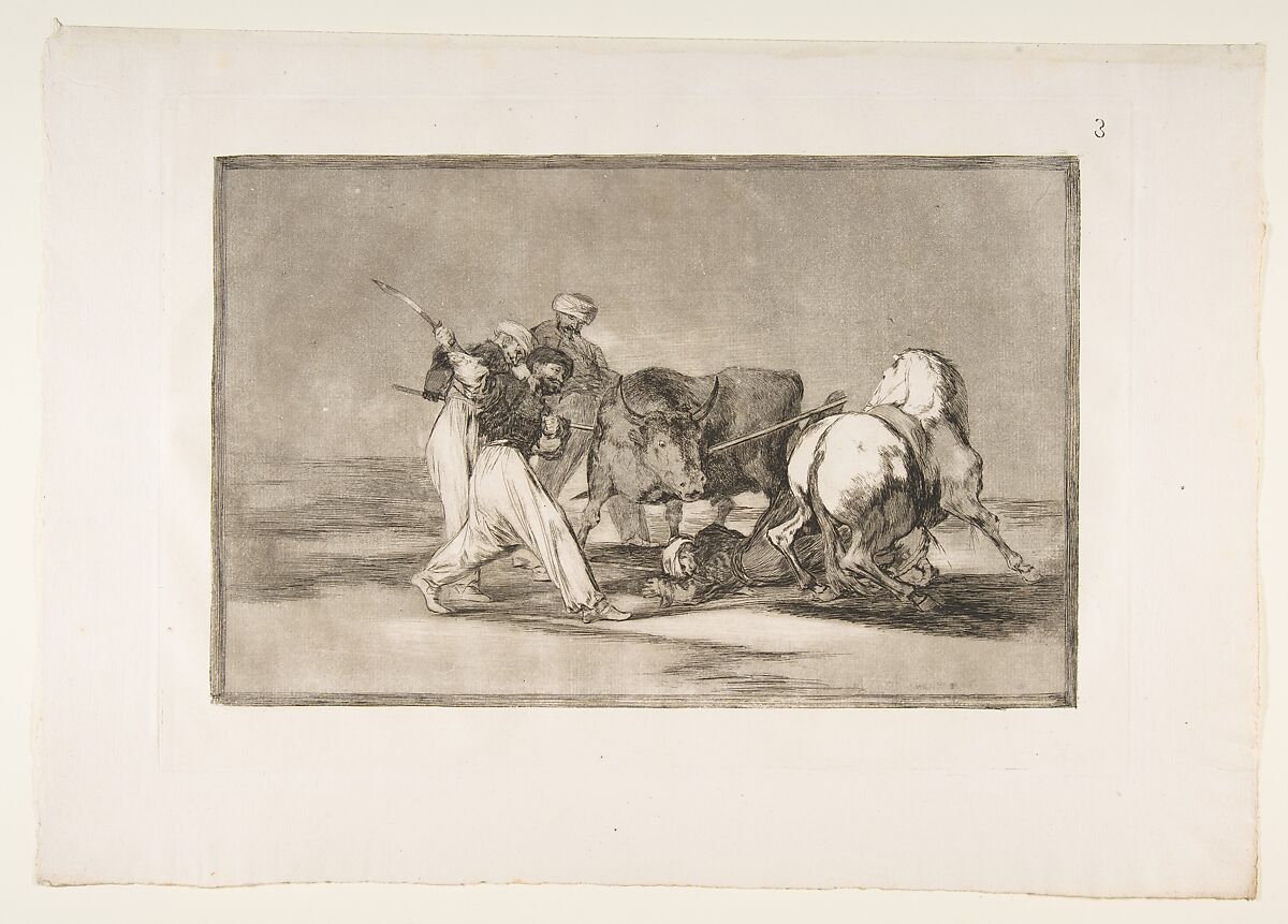 Plate 3 from " La Tauromaquia": The Moors settled in Spain, giving up the superstitions of the Koran, adopted this art of hunting, and spear a bull in the open, Goya (Francisco de Goya y Lucientes) (Spanish, Fuendetodos 1746–1828 Bordeaux), Etching, burnished aquatint, drypoint, burin 