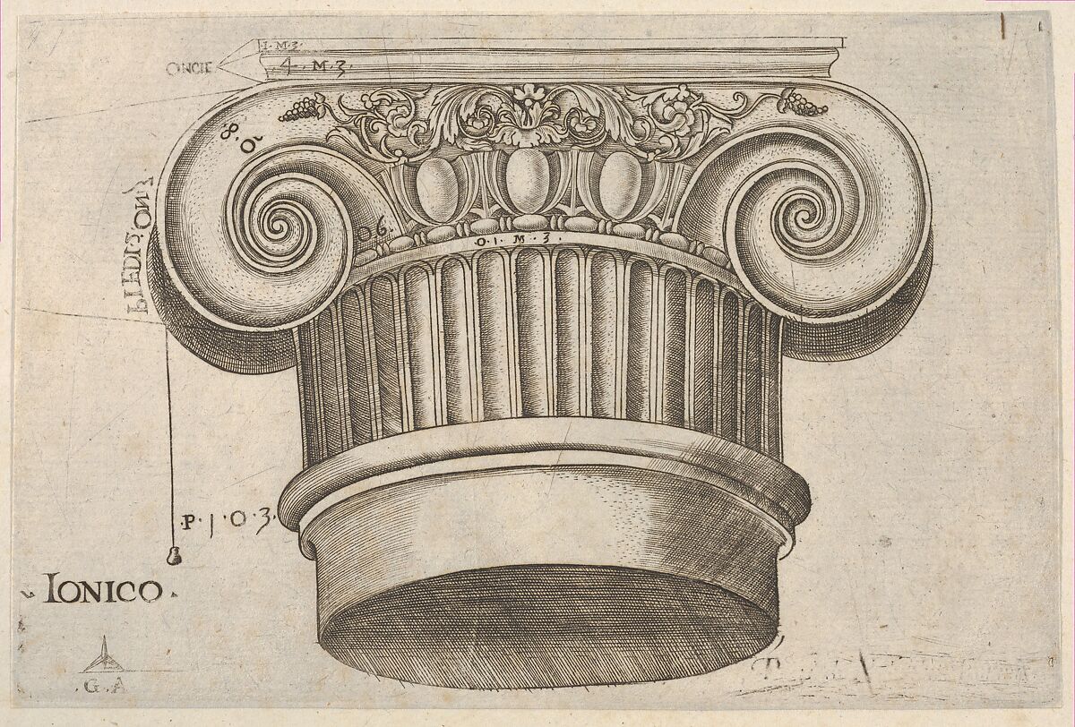 Ionic Capital, Monogrammist G.A. &amp; the Caltrop (Italian, 1530–1540), Engraving 