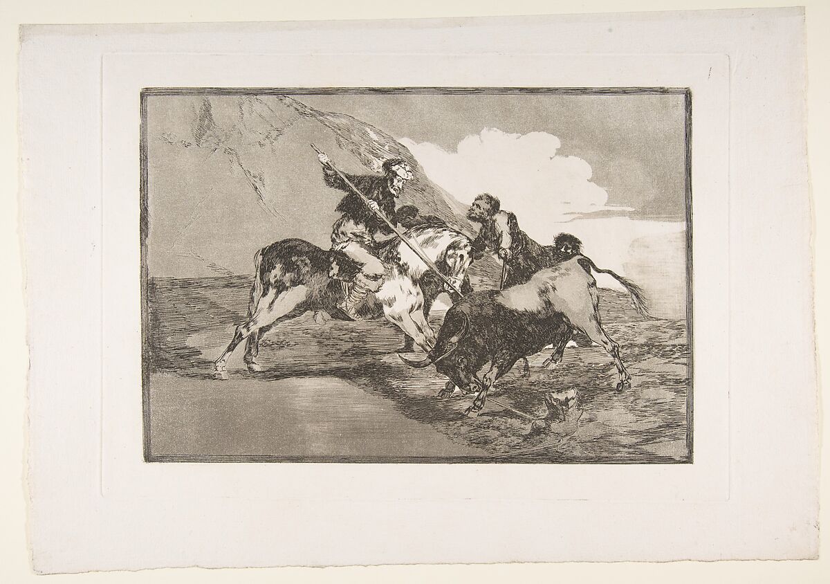 Plate 1 from "La Tauromaquia": The way in which the ancient Spaniards hunted bulls on horseback in the open country, Goya (Francisco de Goya y Lucientes) (Spanish, Fuendetodos 1746–1828 Bordeaux), Etching, aquatint, drypoint 