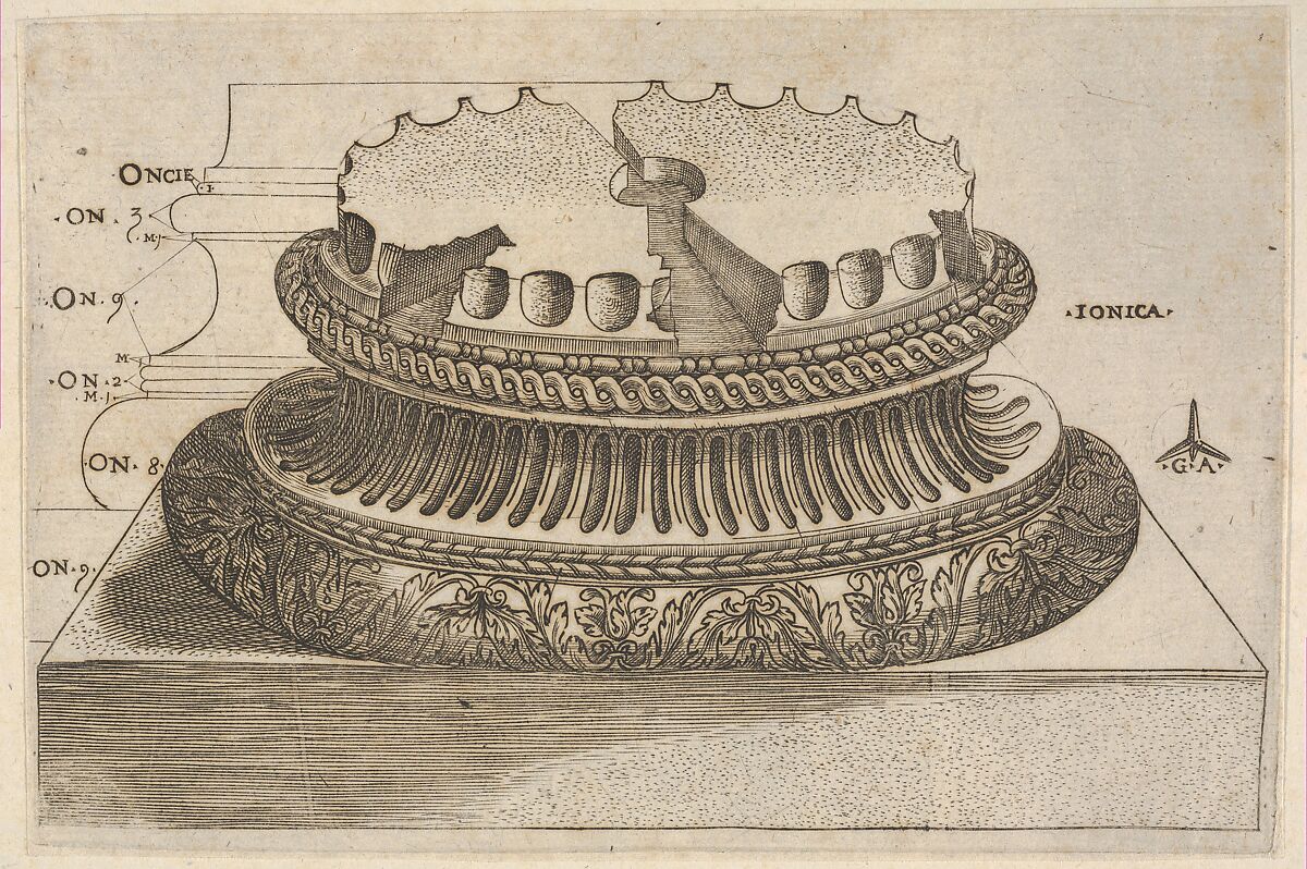 Ionic Base, Monogrammist G.A. &amp; the Caltrop (Italian, 1530–1540), Engraving 