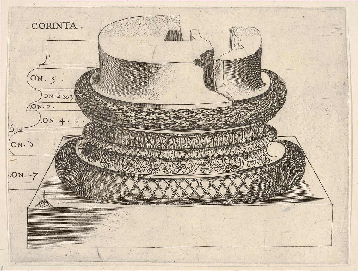 Corinthian Base, Monogrammist G.A. &amp; the Caltrop (Italian, 1530–1540), Engraving 