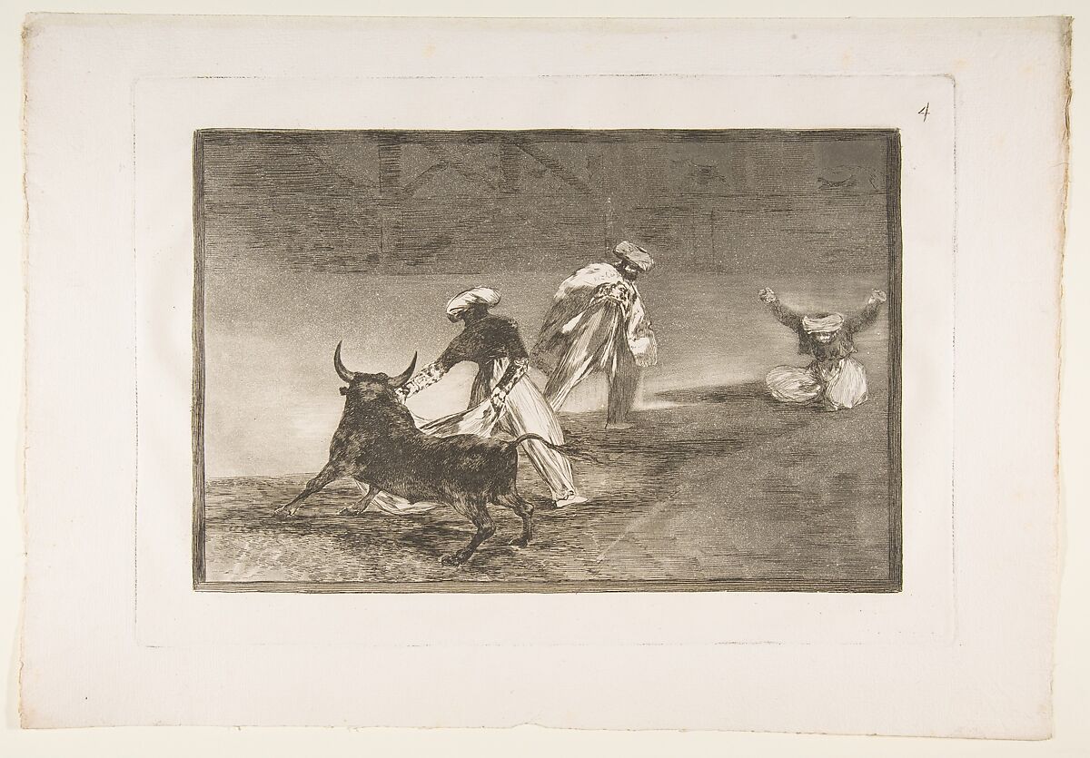 Plate 4 from "La Tauromaquia": They play another with the cape in an enclosure, Goya (Francisco de Goya y Lucientes) (Spanish, Fuendetodos 1746–1828 Bordeaux), Etching, burnished aquatint, drypoint, burin 
