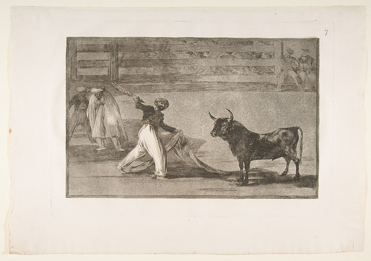 Plate 7 from "La Tauromaquia": Origin of the harpoon or banderillas, Goya (Francisco de Goya y Lucientes) (Spanish, Fuendetodos 1746–1828 Bordeaux), Etching, burnished aquatint, burin 