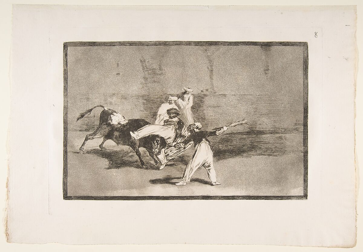 Plate 8 from "La Tauromaquia": A Moor caught by the bull in the ring, Goya (Francisco de Goya y Lucientes) (Spanish, Fuendetodos 1746–1828 Bordeaux), Etching, burnished aquatint, drypoint 