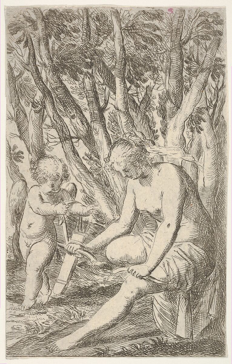 Venus breaking Cupid's bow over her knee, from "Sport of Love" (Scherzi d'amore), Odoardo Fialetti (Italian, Bologna 1573–1637/38 Venice), Etching 