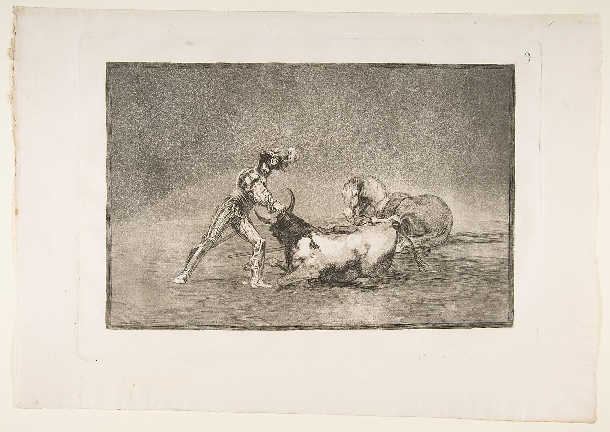 Plate 9 from "La Tauromaquia": A Spanish knight kills the bull after having lost his horse, Goya (Francisco de Goya y Lucientes) (Spanish, Fuendetodos 1746–1828 Bordeaux), Etching, burnished aquatint, burin 